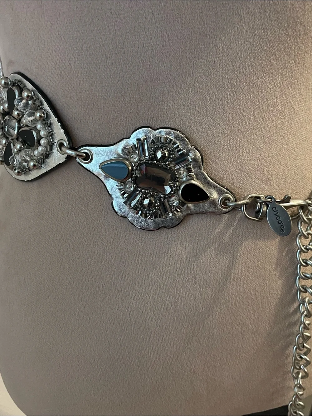 Chico's Silver-Tone Belt with Black Stones & Pearl Accents